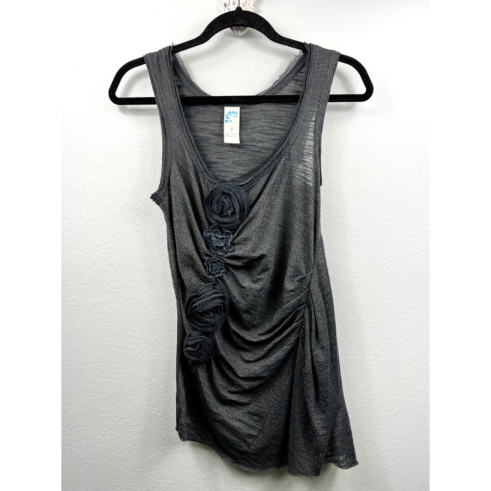 Free People Tank Top Womens S Gray Metallic Floral Applique Ruched‎ Boho Shimmer